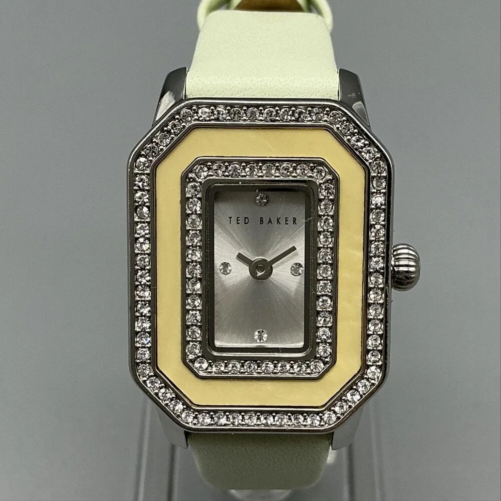 Ted Baker Womens Watch 24mm Silver Tone Crystals Green Leather New Battery